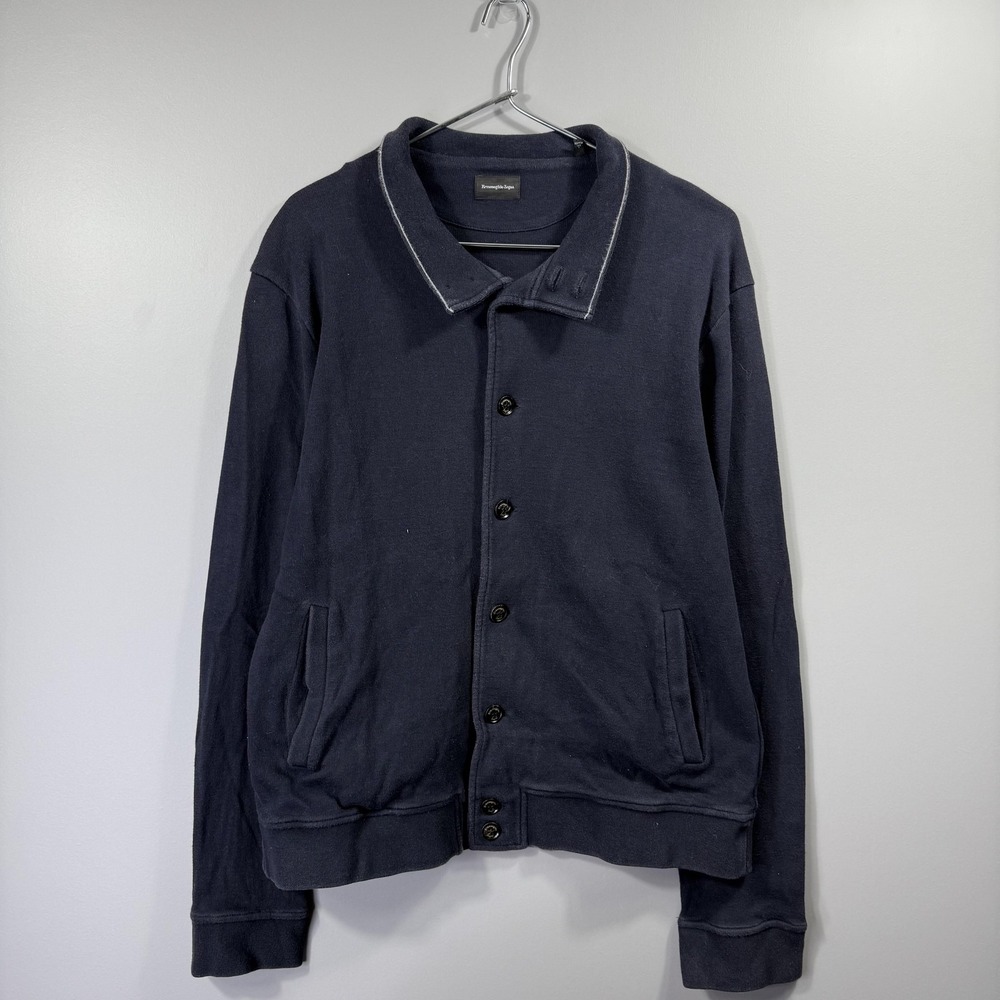 Ermenegildo Zegna Jacket Mens Large Blue Button Front Bomber Cotton Casual